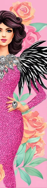 Free angel bookmark featuring an angel in a pink dress with black wings